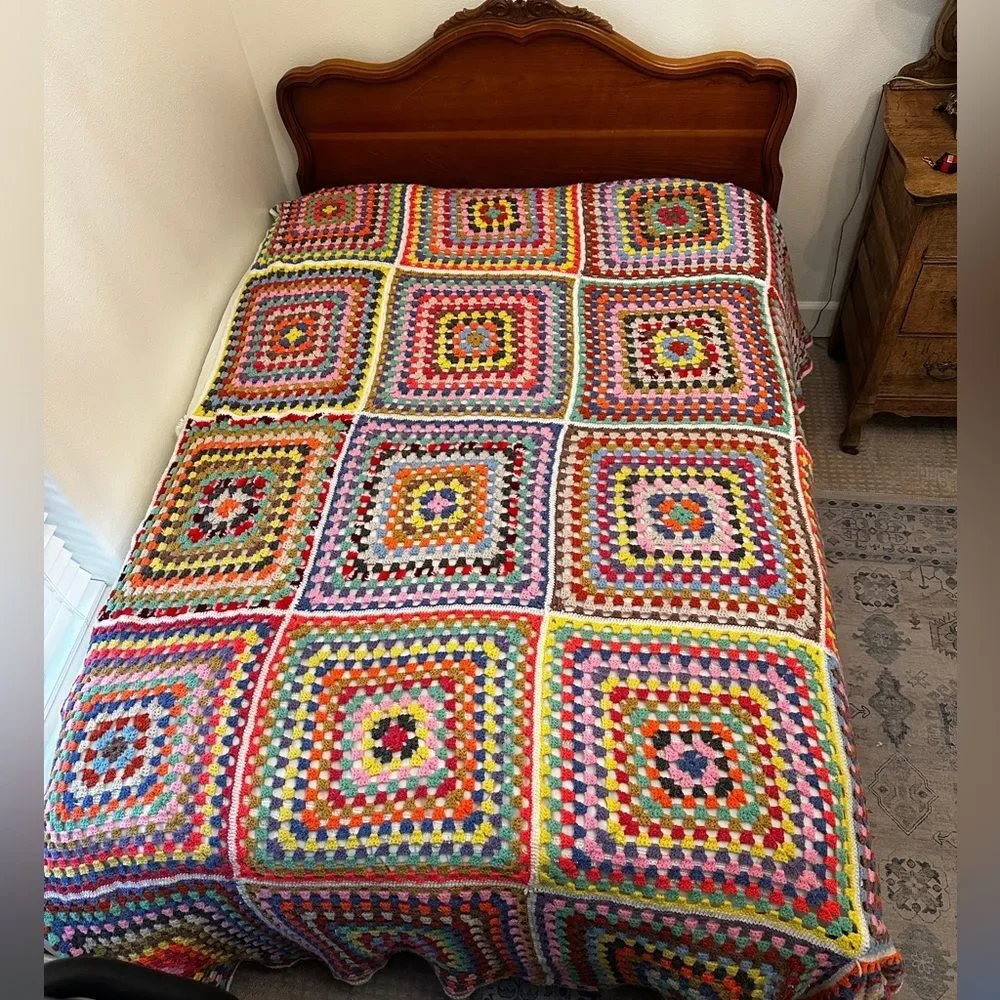 VTG Crochet Granny Square Blanket Handmade Afghan Boho Cottagecore Full Retro